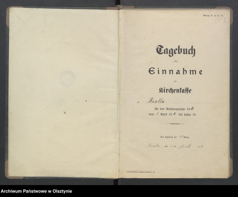 image.from.unit.number "Tagebuch der Kirchen Kasse zu Bialla"