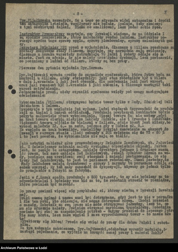 Obraz 9 z jednostki "Państwowe Zakłady Przemysłu Bawełnianego Ruda Pabianicka; protokoły z narad zakładowych, raporty dzienne o wykonaniu planu produkcji"