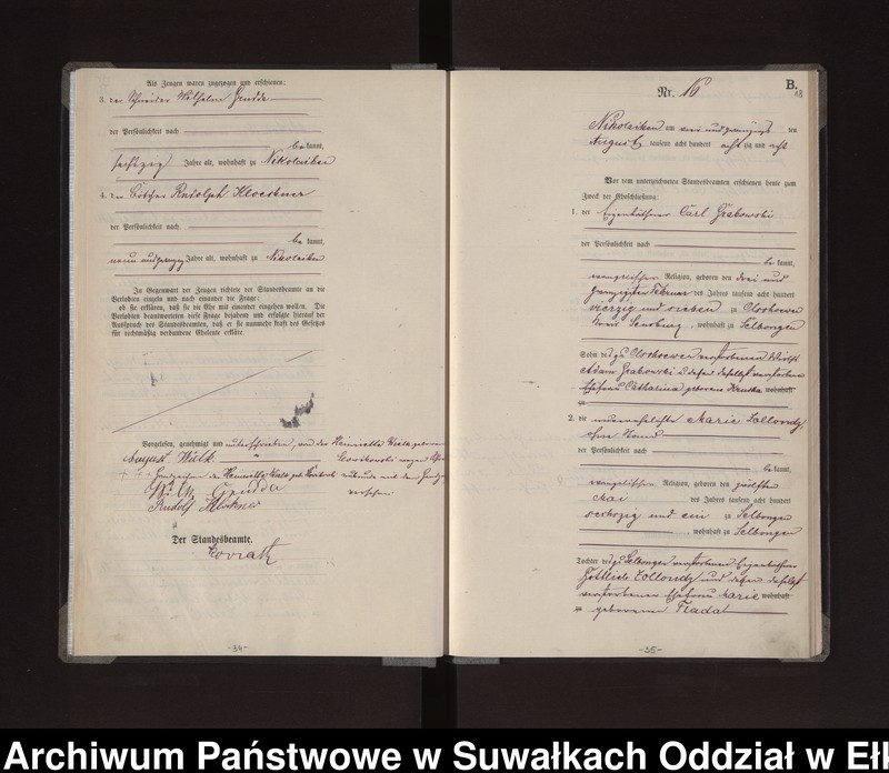 Obraz 20 z jednostki "Heiraths-Haupt-Register des Königlichen Preussischen Standes-Amtes /Stadt/ Nikolaiken Kreis Sensburg für das Jahr 1887 Nikolaiken Kreis Sensburg für das Jahr 1888"