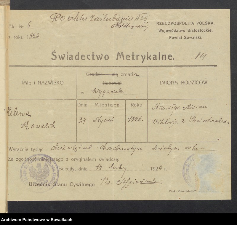 Obraz 16 z jednostki "Aneksa do aktów ślubnych Rz-kat. Jeleniewskiej parafji z 1926 roku"