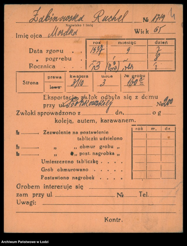 Obraz 5 z jednostki "Kartoteka osób pochowanych na cmentarzu żydowskim przy ulicy Brackiej w latach 1892-1956. Nazwiska na literę Ż"