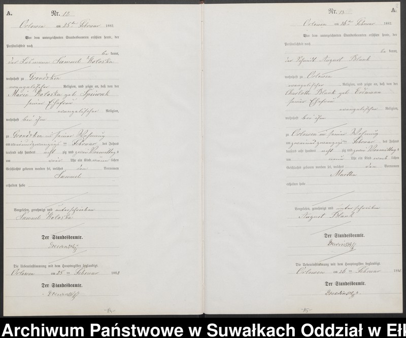 image.from.unit.number "Geburts-Neben-Register des Preussischen Standes-Amtes Orlowen Kreis Loetzen für das Jahr 1882"