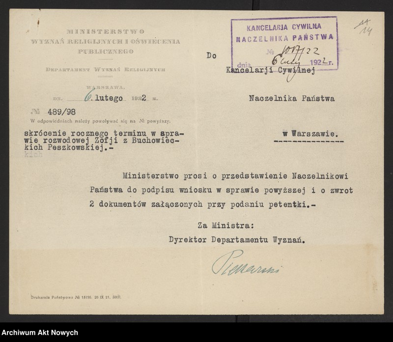 image.from.unit.number "Skrócenie rocznego terminu zapozwu w sprawach rozwodowych, rozpatrywanych przed Sądami Konsystorskimi Ewangelicko - Augsburskim i Ewangelicko - Reformowanym. Reskrypty Naczelnika Państwa, wnioski, korespondencja z Min. Wyznań Religijnych i Oświecenia Publicznego"