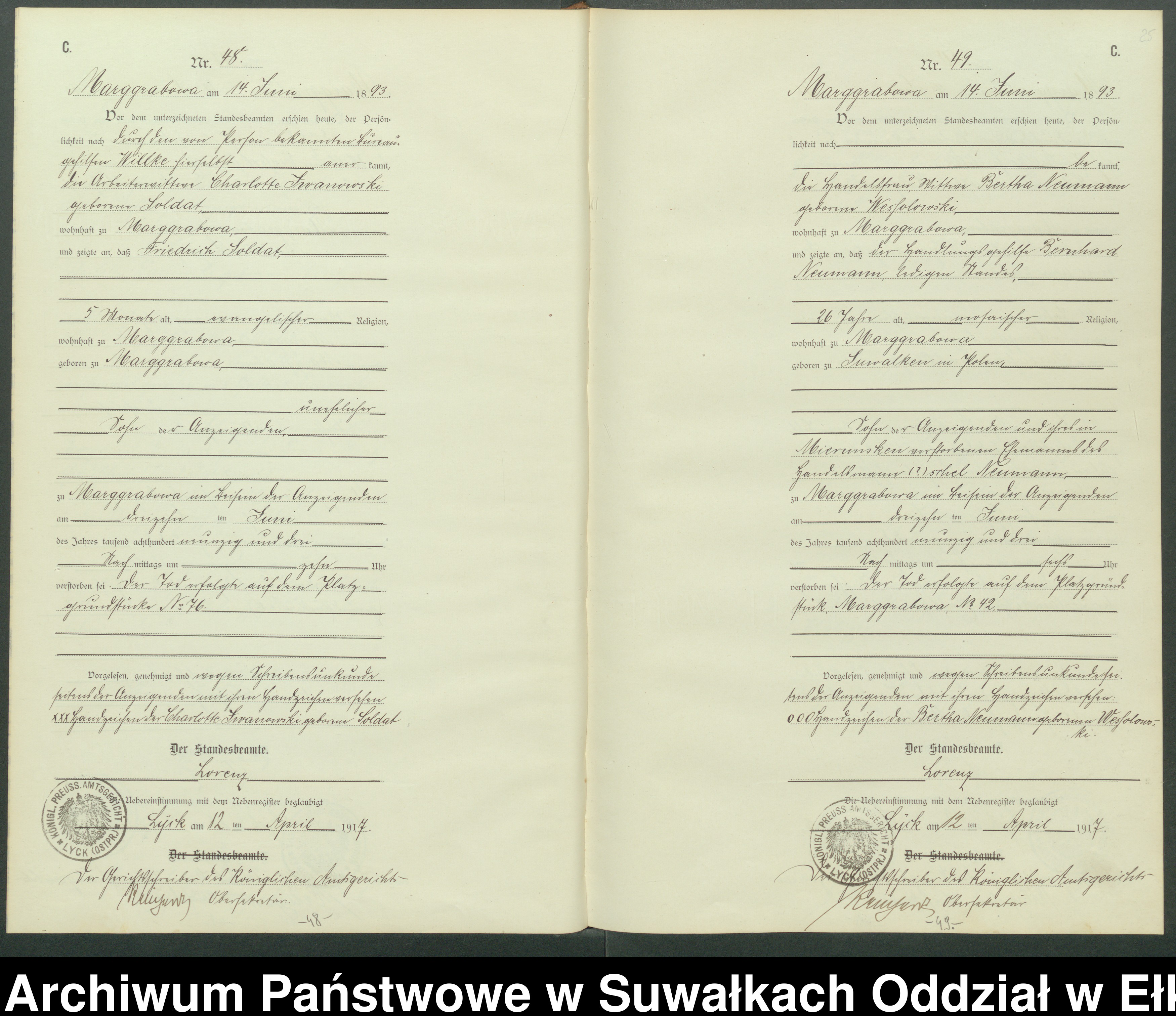 Skan z jednostki: C1.Sterbe-Register [Haupt-Register] Standesamt Stadtgemeinde Marggrabowa Kreis Oletzko No.1 bis.116