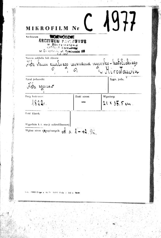 image.from.unit.number "Akta Umarłych Gminy Mirosławskiey na Rok 1822"
