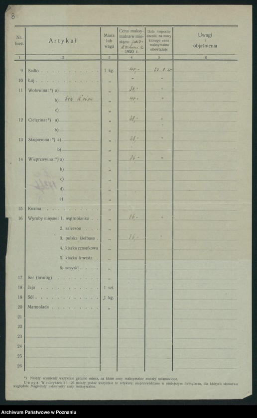 Obraz 10 z jednostki "[Wykazy urzędowo ustanowionych cen maksymalnych na artykuły pierwszej potrzeby na terenie Województwa Poznańskiego za miesiąc październik 1920 roku]"