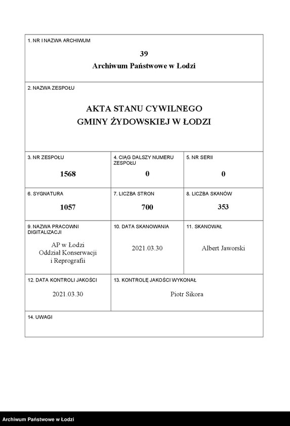 Obraz 1 z jednostki "Akta małżeństw od numeru 1 do numeru 700"