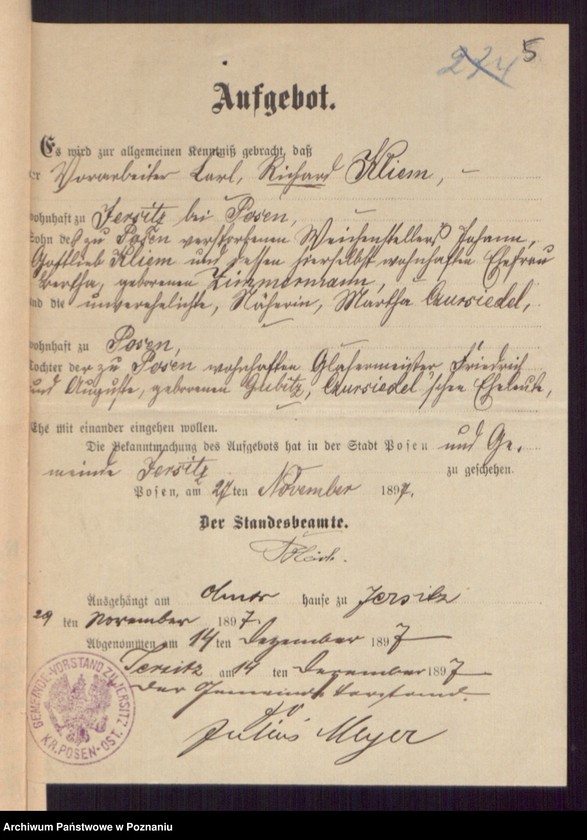 Obraz 7 z jednostki "Die von den Verlobten beigebrachten Urkunden zur Eheschliessung pro 1897"