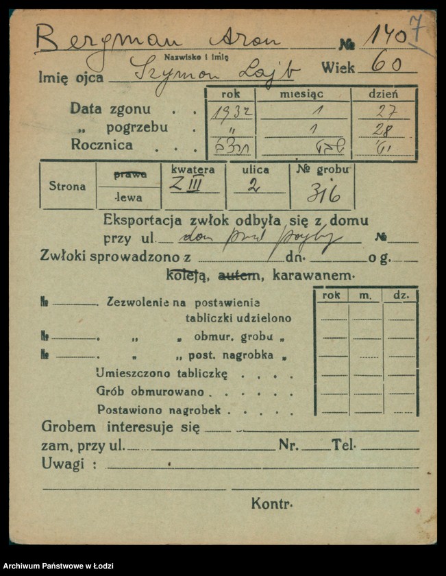 Obraz 8 z jednostki "Kartoteka osób pochowanych na cmentarzu żydowskim przy ulicy Brackiej w latach 1892-1955. Nazwiska na litery: Bergm-Berz"