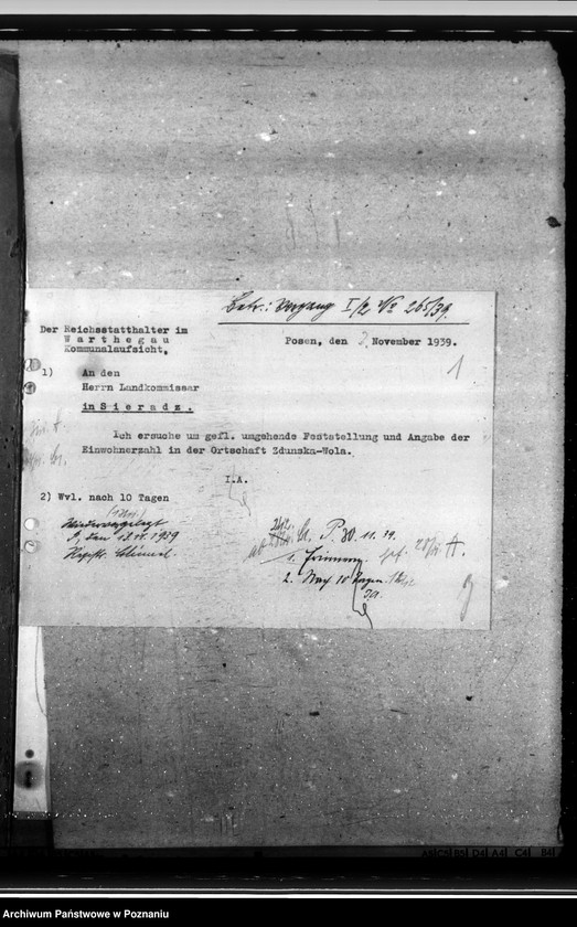 Obraz 5 z jednostki "Berichte das Landrats des Kreises Sieradz über die Einwohnerzahl von zduńska Wola und die Beutegüter auf dem Eisenbahngelünde in Karsznice und Zduńska Wola"