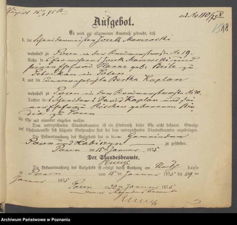 Obraz 20 z jednostki "Die von den Verlobten beigebrachten Urkunden zur Eheschliessung pro 1875"