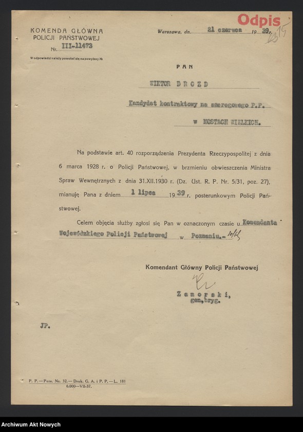 image.from.unit.number "Przydziały nowomianowanych posterunkowych Policji Państwowej w województwie poznańskim. Dekrety mianowania, wykaz, korespondencja."