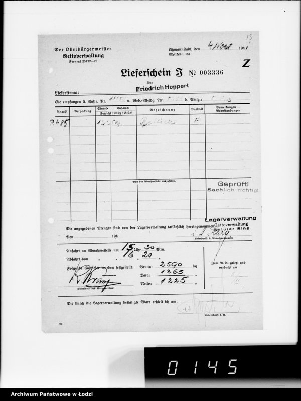 Obraz 17 z jednostki "Aufträge [Lieferscheinen und Rechnungen] 11100-11150 Lebensmitteleinkauf 5/Mü [Zapotrzebowania, zlecenia, rachunki, dowody dostawy na art.spoż.dla Getta]"