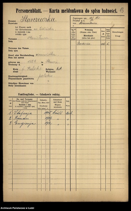 Obraz 15 z jednostki "[Spis ludności Łodzi] Starczewska-Stasiak"