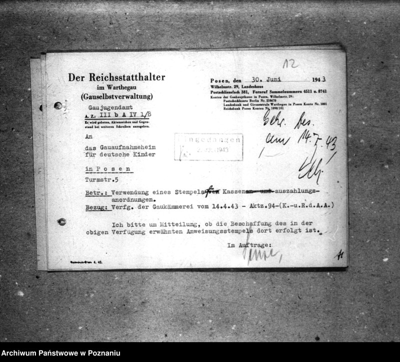 Obraz 16 z jednostki "Schriftwechsel mit der Gauselbsverwaltung vom 1 IV 1943 bis 31 III 1944. [Korespondencja w sprawach finansowych]."