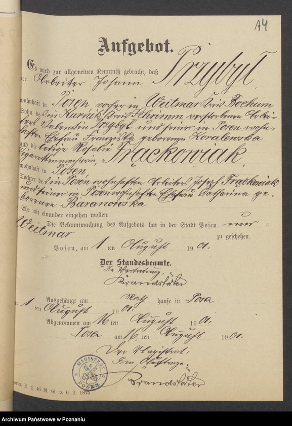 Obraz 16 z jednostki "Die von den Verlobten beigebrachten Urkunden zur Eheschliessung pro 1901. Vol XII"