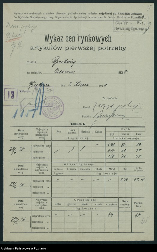 Obraz 6 z jednostki "[Wykaz cen rynkowych artykułów spożywczych w poszczególnych miastach Województwa Pomorskiego za miesiące czerwiec i lipiec 1920 roku]"