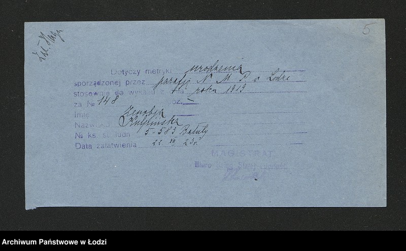 Obraz 7 z jednostki "Dowody metrykalne stałych mieszkańców osady Bałuty nr domu 5"