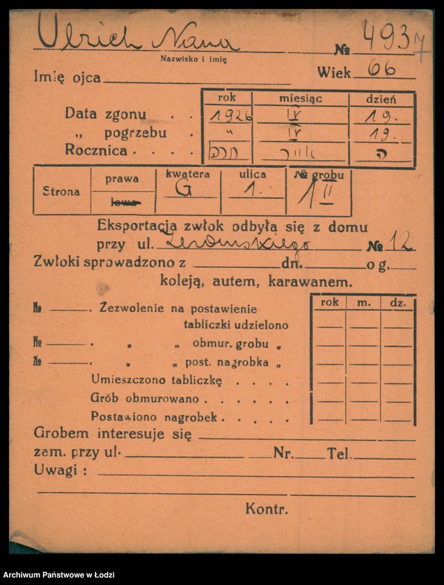 Obraz 8 z jednostki "Kartoteka osób pochowanych na cmentarzu żydowskim przy ulicy Brackiej w latach 1892-1944. Nazwiska na literę U"