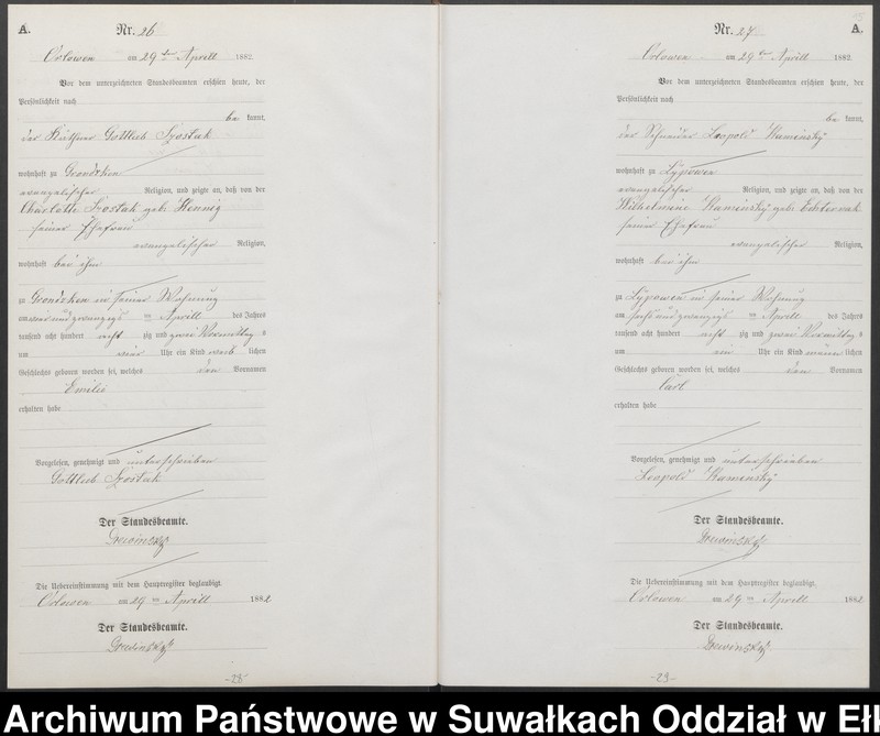 image.from.unit.number "Geburts-Neben-Register des Preussischen Standes-Amtes Orlowen Kreis Loetzen für das Jahr 1882"