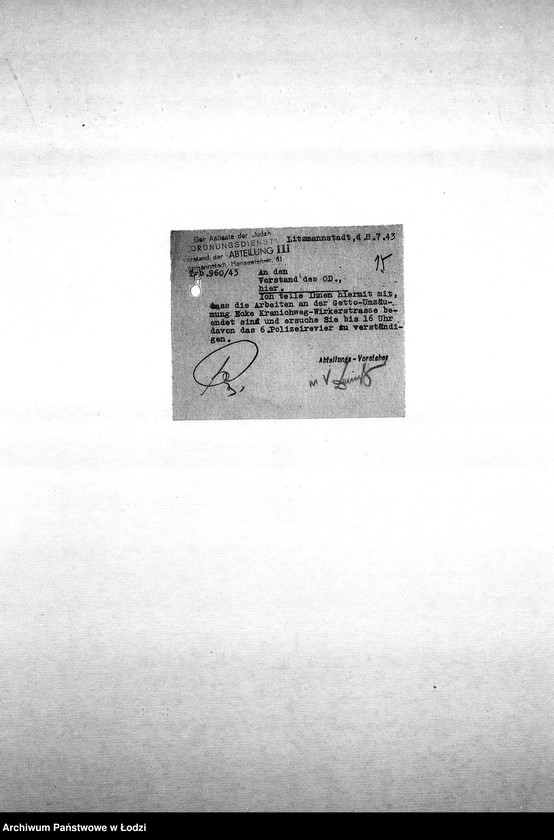 Obraz 19 z jednostki "[Korespondencja Komendy z policją niemiecką oraz rewirami gettowymi na temat różnych wydarzeń w getcie]"