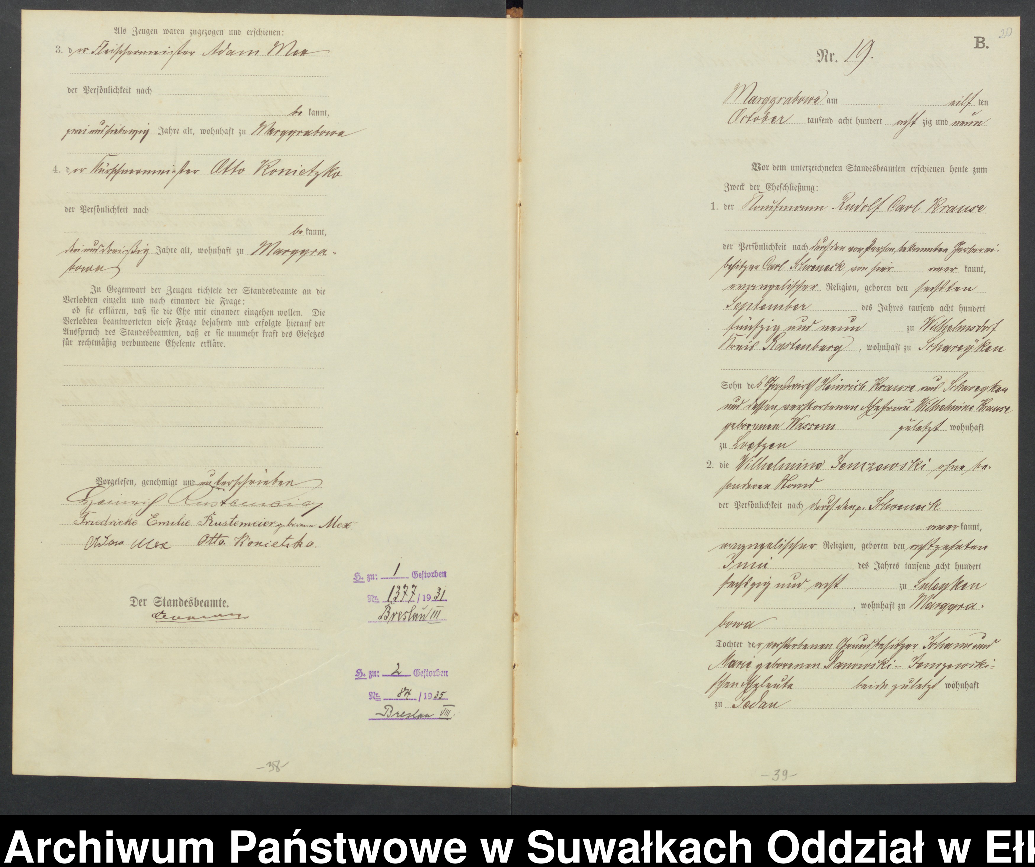 Skan z jednostki: Heiraths-Haupt-Register des Königlichen Preussischen Standes-Amtes Stadtgemeinde Marggrabowa Kreis Oletzko