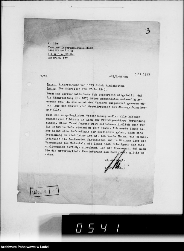 Obraz 7 z jednostki "Reichskommisar Ukraine. [Korespondencja w sprawie realizacji zamówień dla Ukraine Lederindustrie G.m.b.H w Równem]"