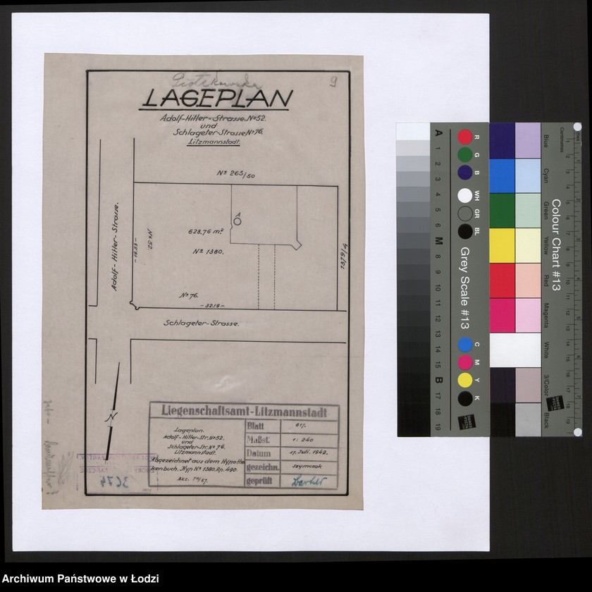 Obraz 1 z jednostki "Lageplan Adolf Hitler Strasse Nr 52 und Schlageter-Strasse Nr 76 Litzmannstadt"