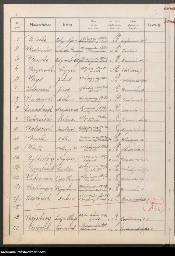 Obraz 4 z jednostki "Ewidencja dowodów osobistych wydanych przez Zarząd Miejski w Łodzi, zespół nr 8 [- nazwiska na litery] U, W, Z, Ż"