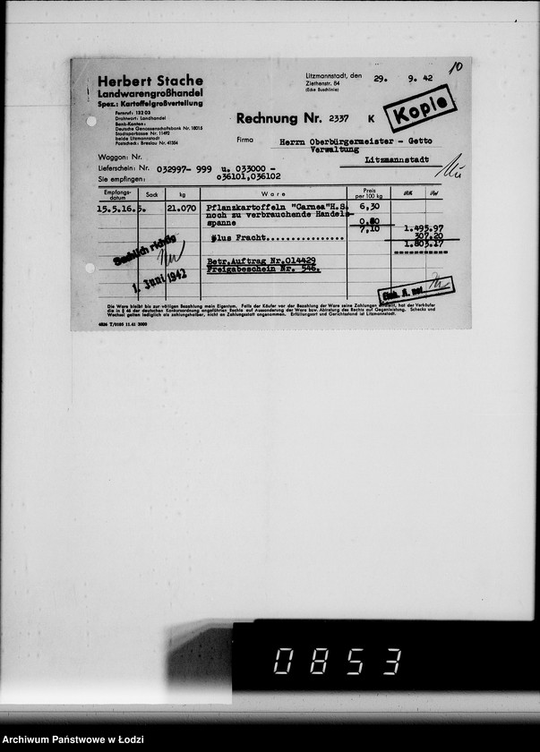 Obraz 14 z jednostki "Aufträge [Lieferscheinen und Rechnungen] 14370-14430 [Dostawy artykułów pierwszej potrzeby do Getta]"