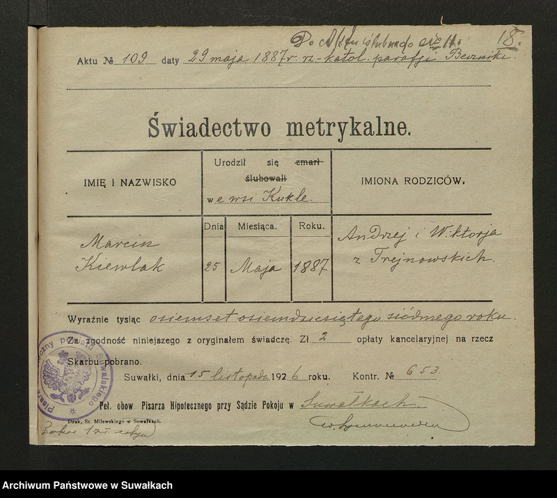 Obraz 20 z jednostki "Dokumenty Zaślubionych Rzymsko-Katolickiej parafii Smolańskiej za 1926 rok"