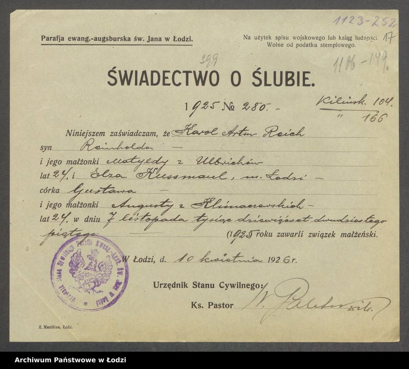 Obraz 19 z jednostki "Dowody metrykalne stałych mieszkańców m. Łodzi nr domu 1123, s. 255-371"