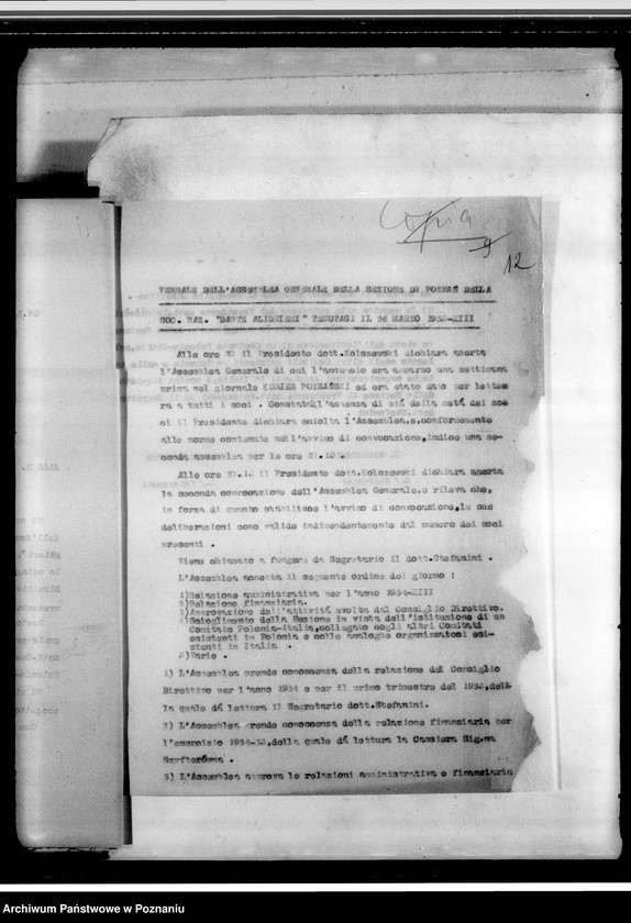 Obraz 16 z jednostki "Stowarzyszenie "Polonia- Italia" w Poznaniu: a/ dokumenty dotyczące założenia Towarzystwa /statut i inne/, b/ sprawozdania roczne z działalności i protokoły zebrań, c/ korespondencja różna, d/ listy członków, e/ druki, afisze"