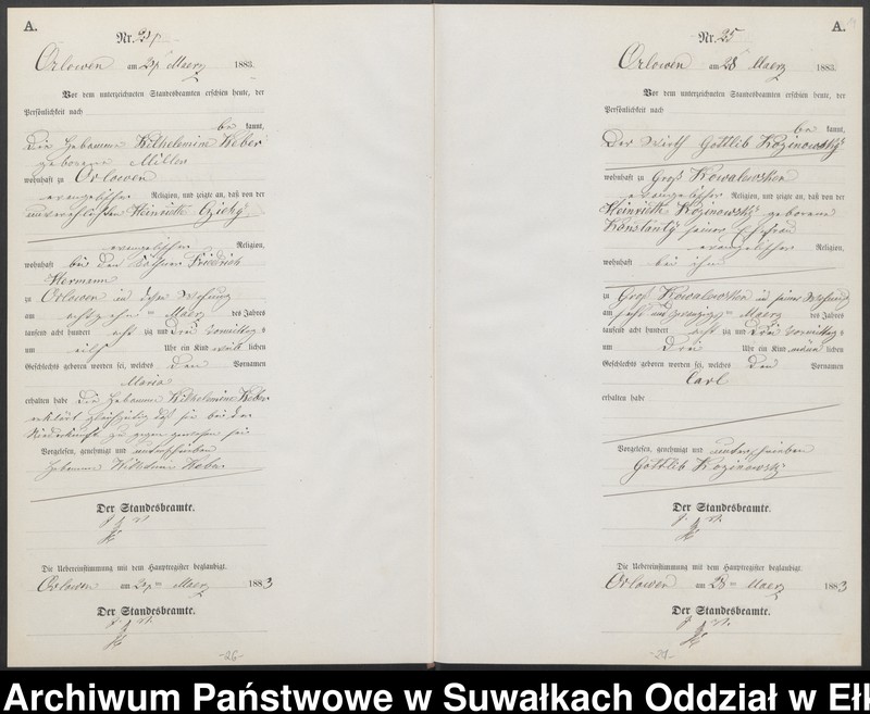Obraz 17 z jednostki "Geburts-Neben-Register des Preussischen Standes-Amtes Orlowen Kreis Loetzen für das Jahr 1883"