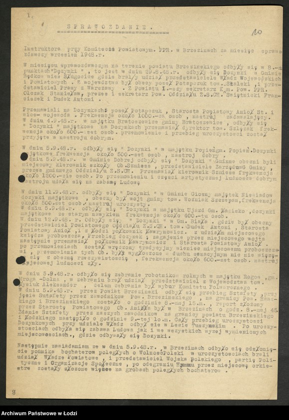 Obraz 11 z jednostki "Sprawozdania miesięczne instruktorów propagandy komitetów powiatowych i komitetów miejskich [z załącznikami za 1948 rok]"