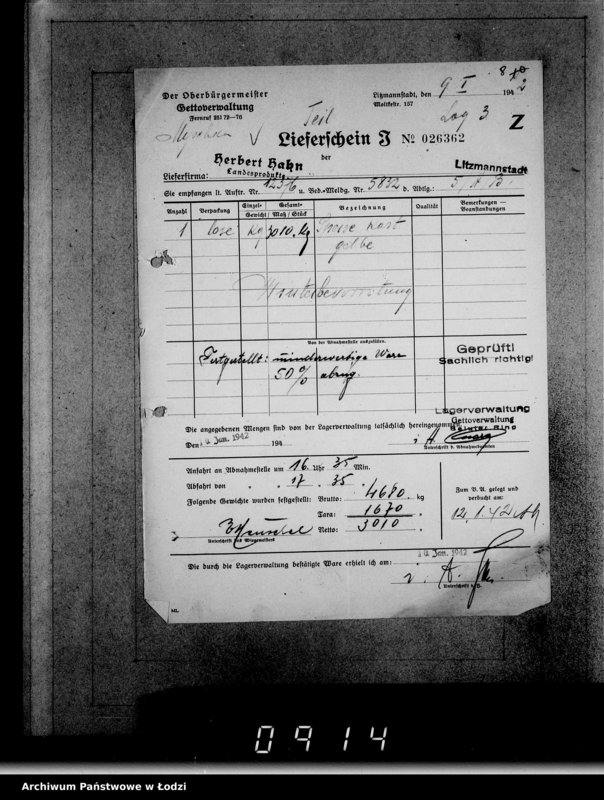 Obraz 12 z jednostki "Aufträge [Lieferscheinen und Rechnungen] 12321-12376 Lebensmitteleinkauf 5/Mü [Dostawa żywności dla Getta i dla obozu cygańskiego]"