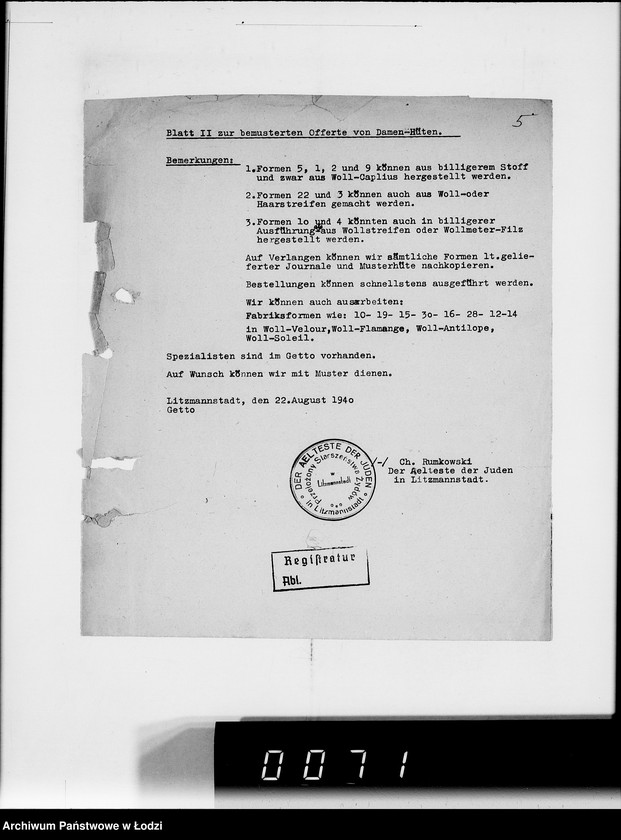 Obraz 9 z jednostki "Akten betr.Correspondenz mit dem Ältesten der Juden.Vom Schreiben Nr.1-1000"