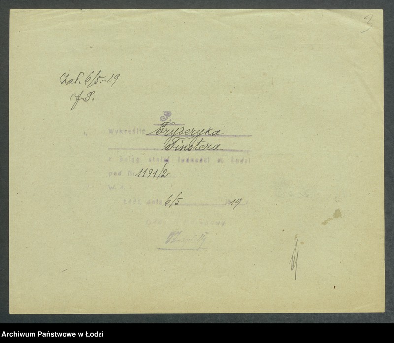 Obraz 5 z jednostki "Dowody metrykalne stałych mieszkańców m. Łodzi nr domu 1191-1192"