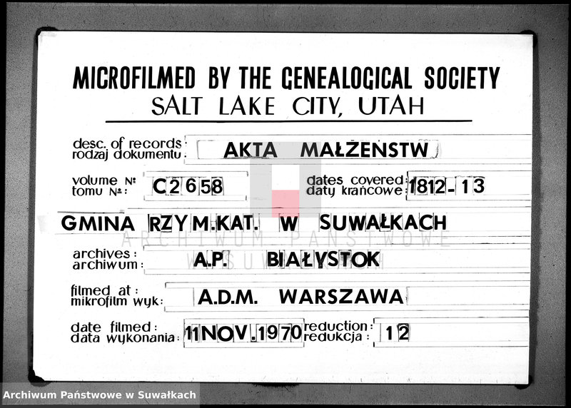 image.from.unit.number "Księga aktu ślubnego gminy suwalskiey, powiatu dąbrowskiego, departamentu łomżyńskiego od dnia 1-go maja 1812 do pierwszego maja 1813 roku"