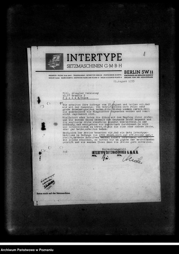 Obraz 5 z jednostki "Korespondencja z firmami: Tadeusz Drozdowski i Spółka z ograniczoną odpowiedzialnością oraz Dom Agentowo-Komisowy Adolf Neuding w sprawi maszyn i części linotypowych"