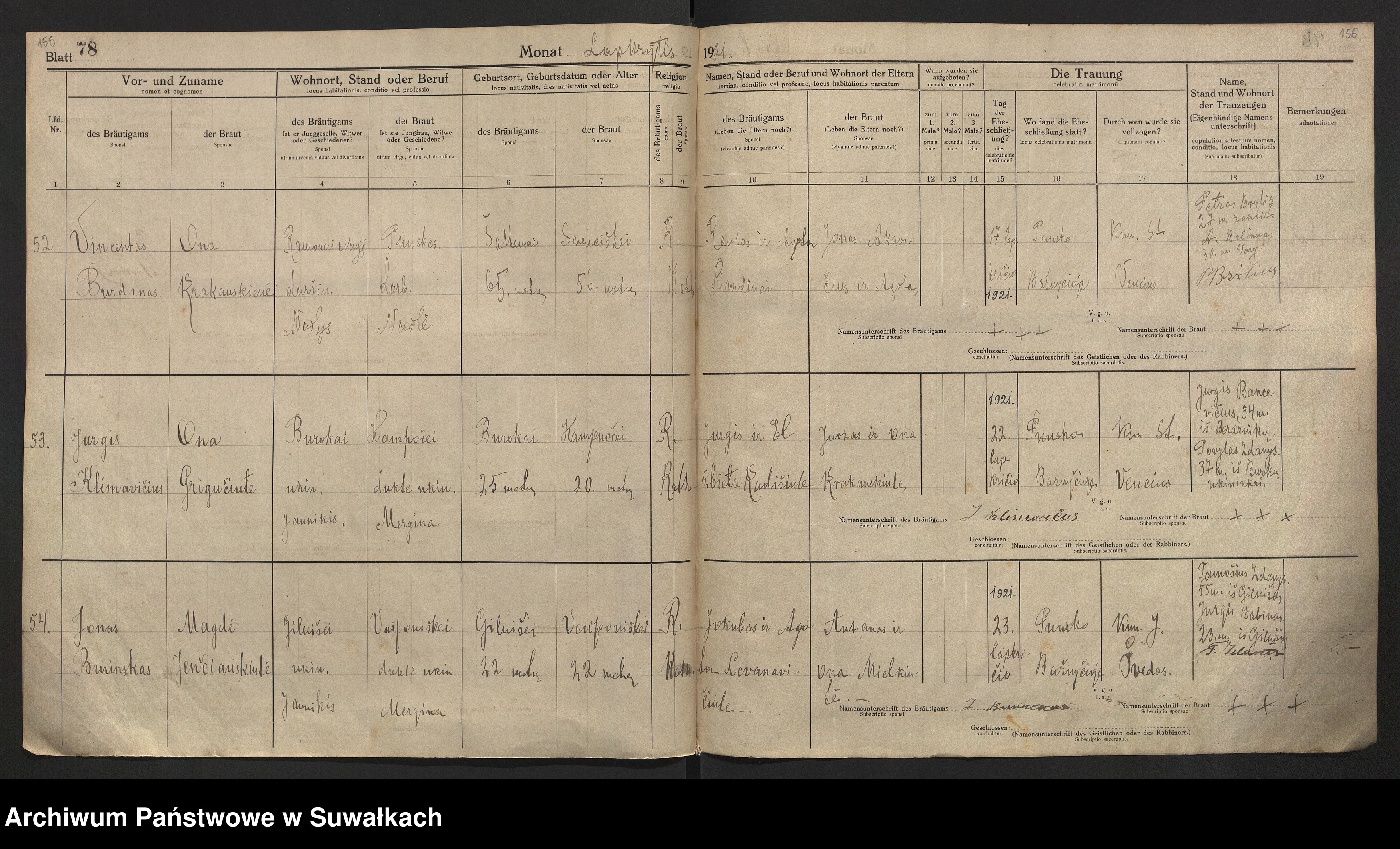 Skan z jednostki: [Księga akt małżeństw parafii rzymskokatolickiej w Puńsku z lat 1918-1921]