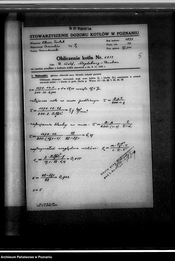 Obraz 9 z jednostki "Tartak w Czarnkowie Ignacego Klessy nr kotła fabr. 6819 nr kotła woj. 874"