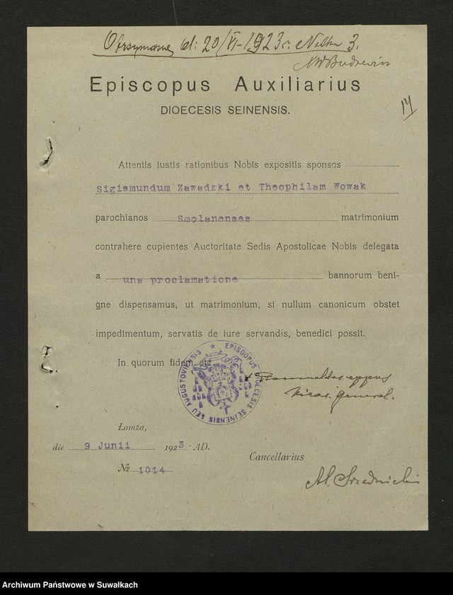 image.from.unit.number "Dokumenty Zaślubionych Smolańskiej parafii z 1922-1923 r."