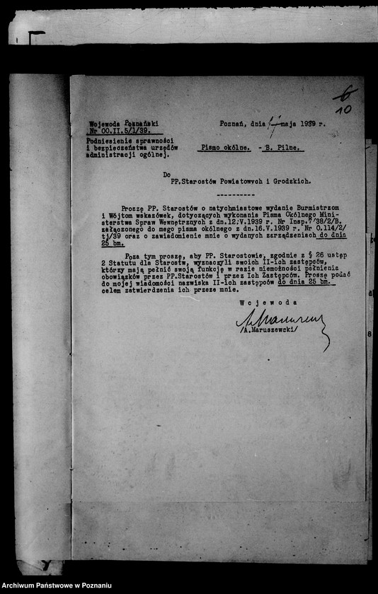 Obraz 13 z jednostki "Zbiór zarządzeń wewnętrznych i pism okólnych Urzędu Wojewódzkiego za rok 1939"