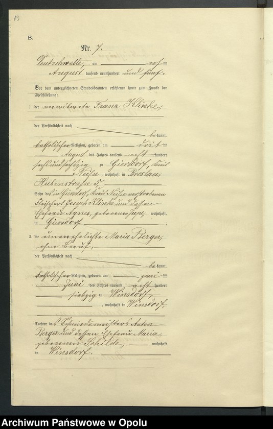 Obraz 17 z jednostki "Heiraths-Neben-Register des Standesamts Deutsch Wette pro 1905"
