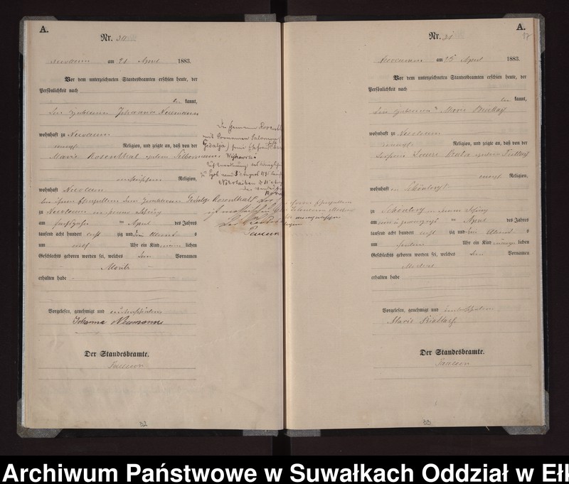 Obraz 20 z jednostki "Geburts-Haupt-Register des Königlich Preussischen Standes-Amtes Stadt Nicolaiken Kreis Sensburg"