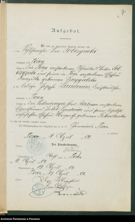 Obraz 9 z jednostki "[Dokumenty dostarczone przez narzeczonych do zawarcia związku małżeńskiego za 1902 rok. Tom VI]"