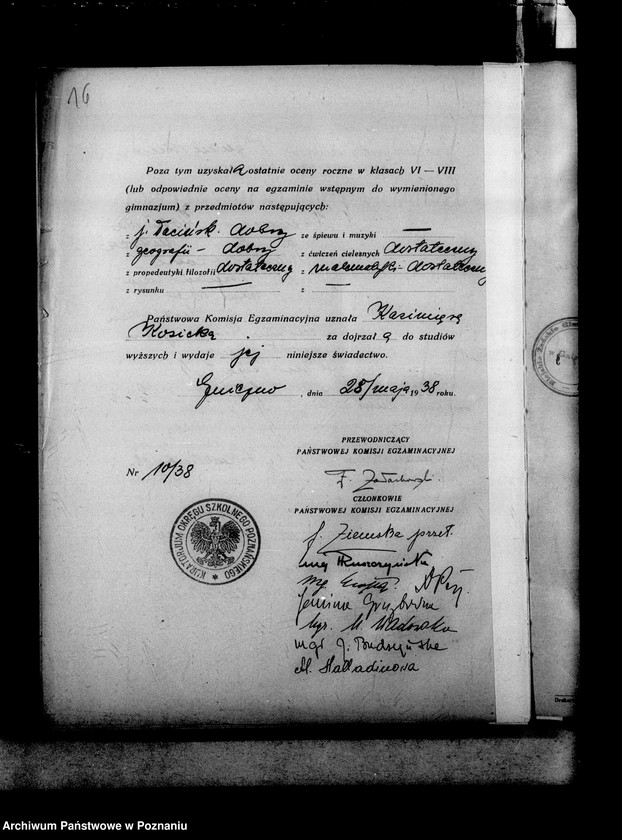 Obraz 20 z jednostki "Miejskie Gimnazjum Żeńskie imienia Błogosławionej Jolanty- Gniezno- [w tym protokoły egzaminów dojrzałości i świadectwa dojrzałości z 1938 roku]"