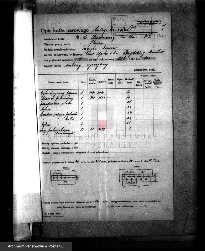 Obraz 9 z jednostki "Fabryka konserw i marmelad, własność St. Radomski w Pleszewie pow. jarociński nr fabr kotła 422, nr woj. kotła 95"