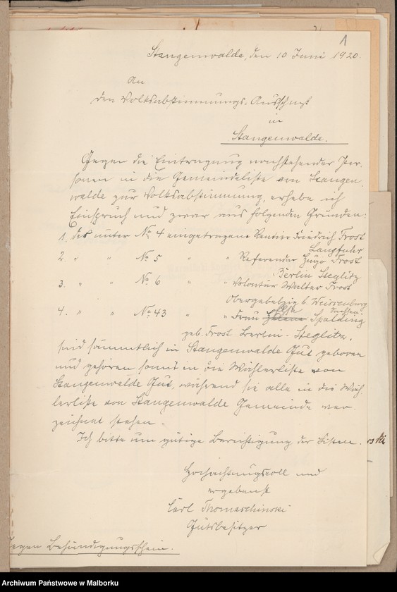 image.from.unit.number "Volksabstimmungsausschuss in Stangenwalde, Kreis Rosenberg Einsprüche [Wydział Plebiscytowy w Słupnicy, obwód suski Reklamacje]"